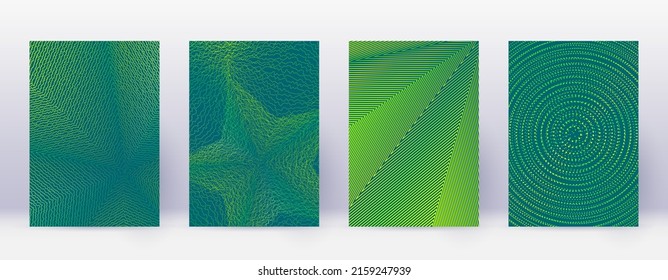 Art business card. Abstract lines modern brochure template. Green vibrant gradients geometry on dark background. Great cover, brochure, poster, book etc.