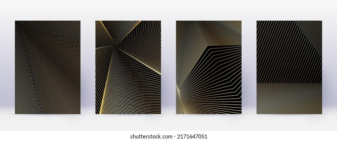 Art business card. Abstract lines modern brochure template. Gold vibrant gradients geometry on black background. Bizarre cover, brochure, poster, book etc.