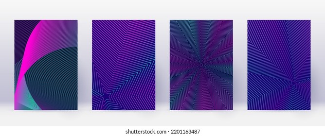 Art business card. Abstract lines modern brochure template. Neon vibrant gradients geometry on dark blue background. Original cover, brochure, poster, book etc.