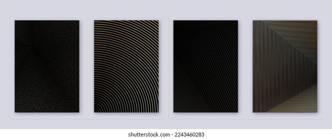 Art business card. Abstract lines modern brochure template. Gold vibrant gradients geometry on black background. Admirable cover, brochure, poster, book etc.