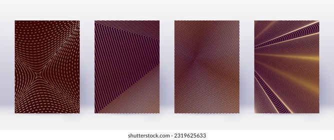 Art business card. Abstract lines modern brochure template. Gold vibrant gradients geometry on bordo background. Exotic cover, brochure, poster, book etc.