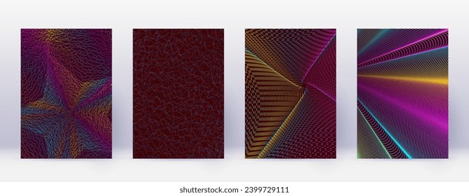 Art business card. Abstract lines modern brochure template. Rainbow vibrant gradients geometry on wine red background. Excellent cover, brochure, poster, book etc.