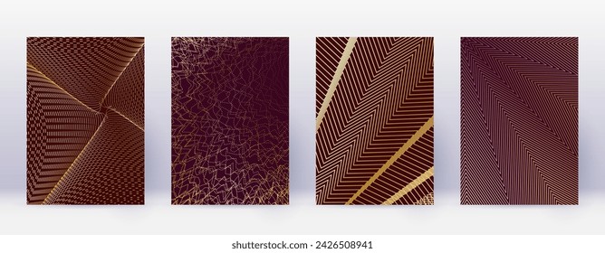 Art business card. Abstract lines modern brochure template. Gold vibrant gradients geometry on bordo background. Fabulous cover, brochure, poster, book etc.