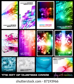 The art of business card Collection: play with rainbows. A collection of backgrounds full of stars, ray lights, glitters and luminance elements.