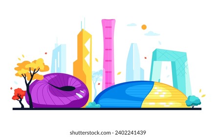 Centros de arte y negocios de China - moderna ilustración vectorial de color con el edificio Phoenix International Media, Museo Nacional de Artes Escénicas, torre de Shanghai, sede de CCTV, atracciones