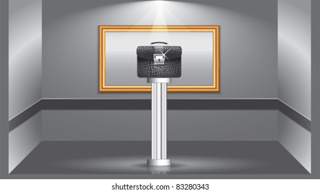 The art of business concept illustration. Black leather briefcase exhibited in the art gallery