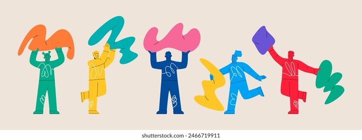 Art and business concept. Set of people holding abstract shapes. Colorful vector illustration 