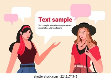 Art of business and corporate communication between girlfriends, coworkers, manager and team discuss social network, news, chat. Dialogues between characters. Flat vector illustration.