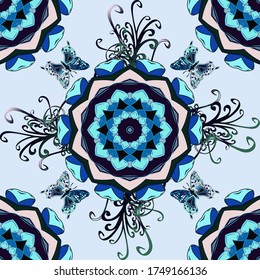 Art butterflies on gray, neutral and blue colors. Picture for Scrapbooking. Vector illustration. Seamless background of colorful butterflies.