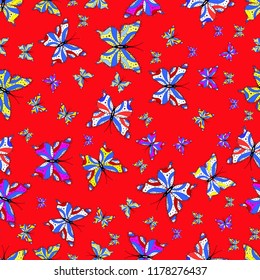 Art butterflies on red, blue and white colors. Seamless background of colorful butterflies. Picture for Scrapbooking. Vector illustration.