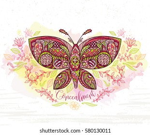 Art of a butterfly. Romantic sacred moth illustration. Full colored concept with floral elements. Vector poster print.