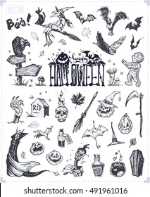 Art Calligraphy - Happy Halloween. Sketches for design of cards - witch, vampire, mummy, broom, pumpkins, bats, crows, owl. Isolated vector