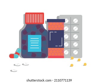 Art of capsules in a bottle, tablets in a package. Tablets in a bottle. Medical banner, poster, placard. Design element for advertising in social networks. Polish style vector illustration isolated