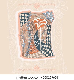 Art card with checkered & floral elements in ligtht warm colors