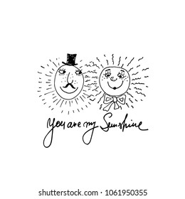 Art card with smiling suns. Hand drawn vector design.