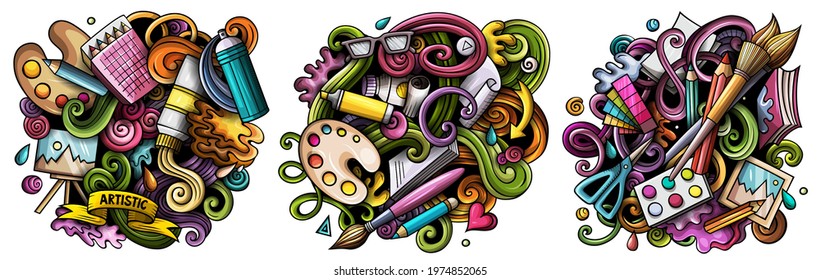 Art cartoon vector doodle designs set. Colorful detailed compositions with lot of artist objects and symbols. Isolated on white illustrations