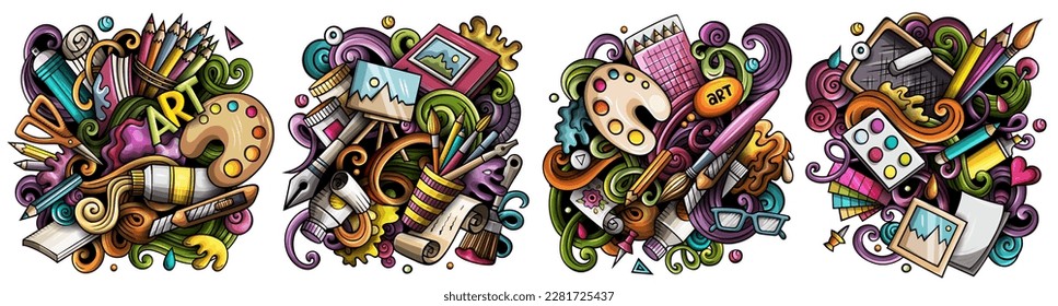 Art cartoon vector doodle designs set. Colorful detailed compositions with lot of artist objects and symbols. Isolated on white illustrations