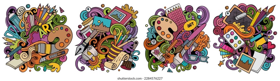 Art cartoon vector doodle designs set. Colorful detailed compositions with lot of artist objects and symbols. Isolated on white illustrations