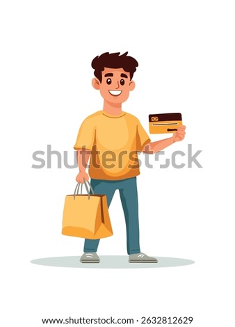 art cashless purchase, man with bag and card, art vector illustration