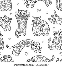 Art cats with floral ornament, seamless pattern for your design. Vector illustration