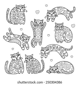 Art cats with floral ornament for your design. Vector illustration