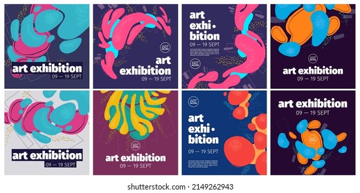 Art center exhibition banners with abstract background with hand drawn fluid shapes and grunge texture. Vector posters of modern gallery with creative painting pattern