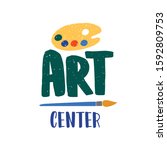Art center flat vector logo. Palette and paintbrush illustration isolated on white background. Drawing lessons, painting classes logotype design. Creative kids courses social media banner concept.