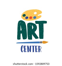 Art center flat vector logo. Palette and paintbrush illustration isolated on white background. Drawing lessons, painting classes logotype design. Creative kids courses social media banner concept.
