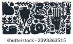 Art characters. Black strange creatures. Doodle monsters community. Cute nightmare silhouettes. Animal shapes. Bizarre face eyes. Plant leaves and flowers. Hands palm. Vector abstract illustration
