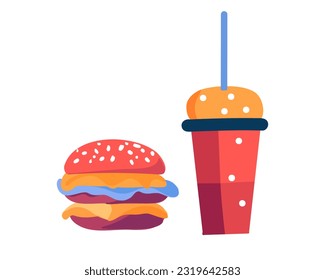 Art cheeseburger and glass of soda, isolated on white background, Vector illustration