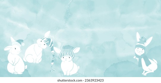 Art Christmas background with cute cartoon bunnies. Vector. Luxury designon a blue watercolor background. Template design for text, packaging and prints.