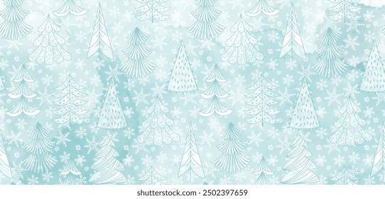 Fondo de Navidades de arte con árboles de Navidad festivos dibujados a mano, copos de nieve sobre fondo de acuarela azul. Diseño de Plantilla para texto, embalaje e impresiones.