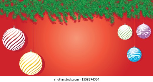 Art of Christmas background with christmas tree leaf and colorful of christmas ball and red gradient background