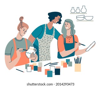 Art class for adults. Women together with the teacher paint ceramic pots with their hands. They have an interesting lesson together. Flat image isolated on white background. Vector.