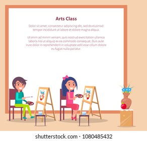 Art class banner with place for text and students drawing sketch of vase on wooden easels vector illustration of learning process
