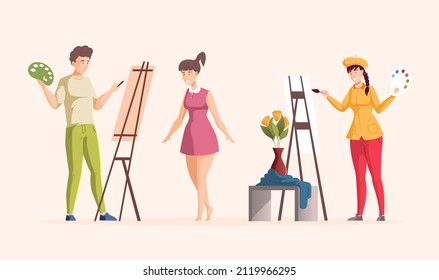 Art Class Drawing Lesson Man And Woman Painters Draw From Nature Female Model, Flower Vase Posing. Artists Painting Portrait And Still Life. Artistic School, Masterclass Workshop Education Flat Vector