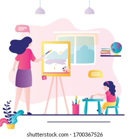 Art class. Early childhood education. Woman art teacher and girl preschooler student with brush. Drawing lessons banner, learning concept. Class or living room interior. Trendy vector illustration