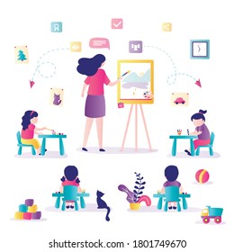 Art Class. Early Childhood Education. Woman Art Teacher And Group Of  Preschooler Students With Brush. Drawing Lessons Banner, Learning Concept. Class Or Living Room Interior. Flat Vector Illustration