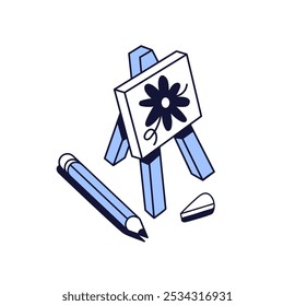 Art class icon. Picture with drawing with pencil flower on easel. Canvas with painting artwork on stand. Artistic tools. Creativity concept. Flat isolated contour illustration on white background