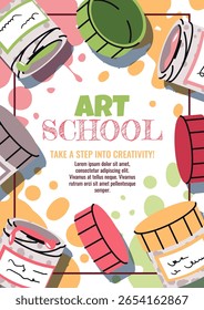 Art Class for Kids. Painting Course Poster Template. Vibrant Flat design with gouache jars. Banner for Children's Creativity Studio, Online Art Courses or Preschool Painting Workshops