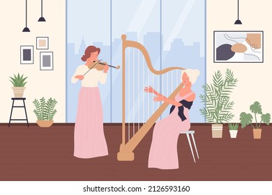 Art class with musicians. Girls artists in elegant dress holding violin and harp to play classical music, female violinist and harpist flat vector illustration. Entertainment, education concept