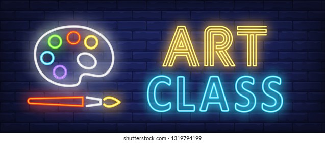Art class neon text with palette and brush. Painting and art supplies design. Night bright neon sign, colorful billboard, light banner. Vector illustration in neon style.