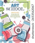 Art Class Poster Template. Art Studio Cover for Kids and Adults.Tubes of Oil Paints in Flat Style. Banner for Fine Art Course, Creative Workshop, Painting Lesson. Trend doodle Illustration