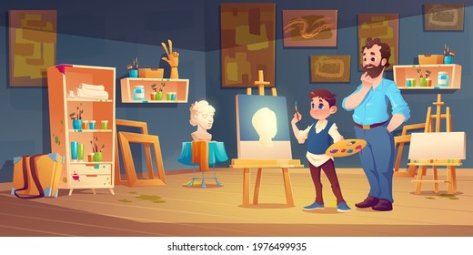 Art class scene with child studying painting with teacher support. Student boy in artist studio drawing plaster head on canvas stand on easel, lesson in drawing school, Cartoon vector illustration