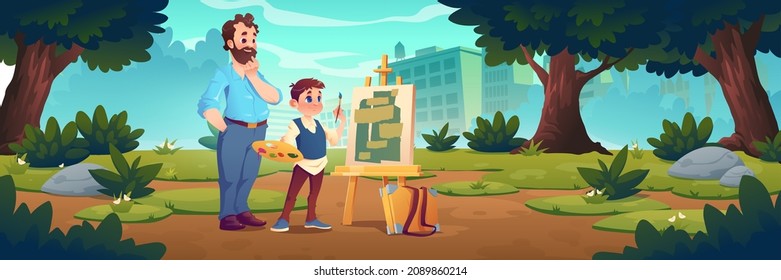 Art class scene with child studying painting with teacher support. Student boy artist draw natural landscape on canvas stand on easel, plein air drawing lesson in school, Cartoon vector illustration