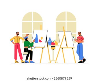 Art Class Scene With Students And Easels In Flat Vector Illustration Symbolizing Creativity, Learning, And Fine Arts, Isolated On White Background