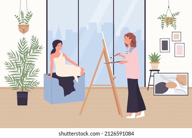 Art class, school for painters. Artist painting portrait of female model in studio interior, standing behind easel with brush and palette of paints flat vector illustration. Art workshop concept