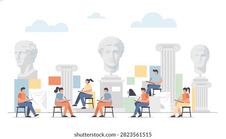 Art class with students sketching classical marble statues and columns in a bright studio environment for an educational session.