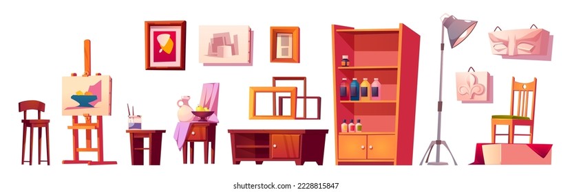 Art class studio furniture, equipment for artist work and painting lessons. Easel, picture frames, canvas, paints and brushes, chairs, lamp and cupboard, vector cartoon set