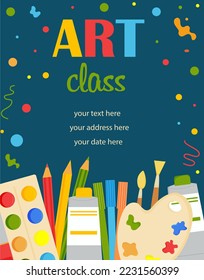 Art class vector flyer template. Vectir illustration for poster, invitation, flyer, banner, brochure, advertising. Promo poster for painting school. Painting stationary background.